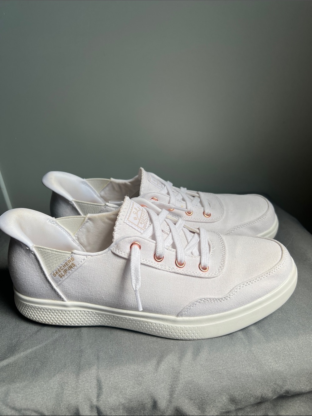 Bob’s Skechers Slip-ins Women's White Canvas Sneakers with Rose Gold Eyelets